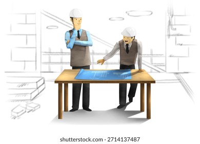 Two construction workers discuss plans at a construction site with blueprints on a table during the day