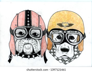 TWO COOL DOGS WITH HELMETS GOING ON A MOTORBIKE