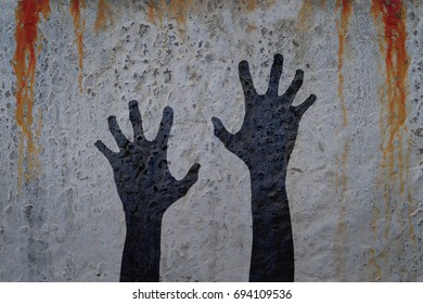 Two corpse hands silhouette in shadow on bloody wall background. Halloween and zombie theme illustration.