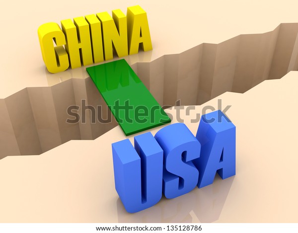 Two countries CHINA and USA
united by bridge through separation crack. Concept 3D
illustration.