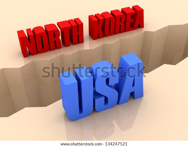 Two countries NORTH KOREA and\
USA split on sides, separation crack. Concept 3D\
illustration.