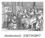 Two couples in an inn, Cornelis Massijs, 1539 - 1544 In an inn, two men and two women are sitting lovingly at a round table. Meanwhile, two other women rob the men.