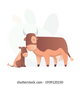 Two Cow Look At Each Other. Animals Mom And Baby. Cartoons Cute Animals In Flat Style. Print For Clothes.  Illustration