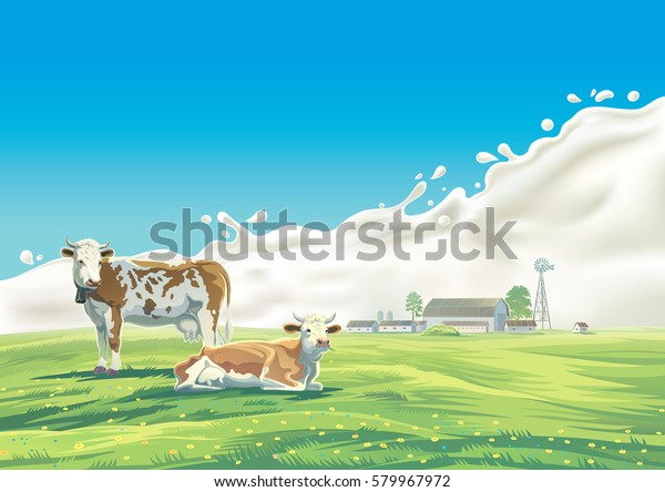 夏の風景の背景に2頭の牛が 牛乳をはねます のイラスト素材 579967972