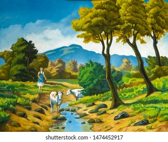 Two cows with female herder in natural rustic environment. Photo of oil painting image. Naïve Art    