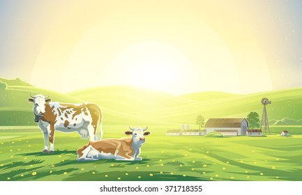 Two cows in a sunrise morning landscape and a farm.