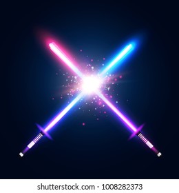 Two crossed light neon swords fight. Blue and violet crossing laser sabers war. Club logo or emblem. Glowing rays in space. Battle elements with star, flash and particles. Colorful illustration