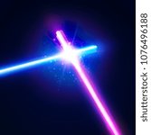 Two crossed light neon tubes. Blue and purple crossing laser stripes. Glowing rays in space. Battle elements with star, flash and particles. Colorful illustration.