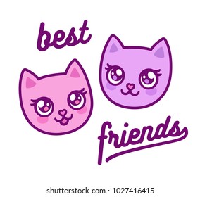 Two cute anime kitties  best friends forever  Cartoon pink cat faces drawing and text  