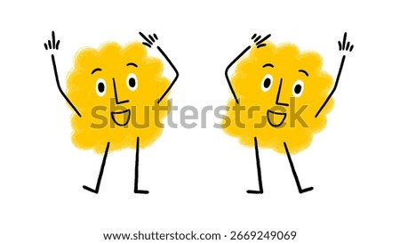 Two Cute Blob Characters Dancing with Hands up in the Air Hand drawn Doodle Illustration Isolated on White Background