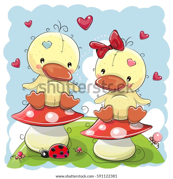 Two Cute Cartoon Ducks Sitting On Stock Illustration 591122381