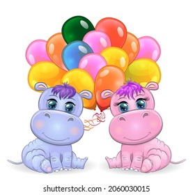 Two Cute cartoon hippo with beautiful eyes with balloons, a boy and a girl. greeting card, baby shower invitation card.