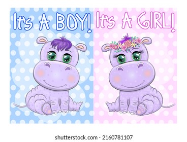 Two Cute cartoon hippo with beautiful eyes among flowers, hearts, a boy and a girl. baby shower invitation card.
