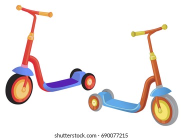 Two Cute Color Kick Scooter. Push Scooter Isolated On White Background. Eco Transport For Kids. 