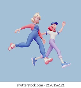 Two cute excited funny asian red blonde girls in fashion casual blue purple clothes compete run floating in air. Youth start-up for students, business education, internship, teamwork. 3d pastel render - Powered by Shutterstock