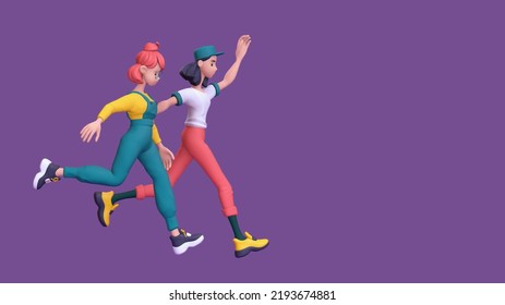 Two cute excited funny asian girls in fashion casual red yellow green clothes compete run floating in air, business challenge, buyers rush for sales, discounts, shopping. 3d render on purple backdrop.