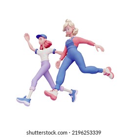 Two cute excited funny asian girls wear casual clothes compete run floating in air. Youth start-up for students, business education, internship, teamwork. 3d pastel render isolated on white backdrop.