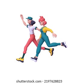 Two cute excited funny asian girls in fashion red yellow green clothes compete run floating in air, business challenge, buyers rush for sales, discounts, shopping. 3d render isolated on white backdrop