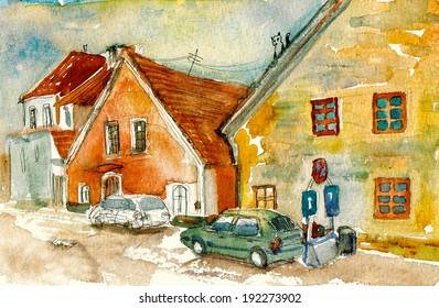 Two cute province houses watercolor illustration poster vintage postcard