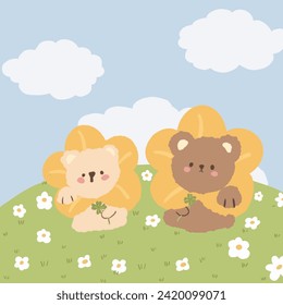 Two cute teddy bear sitting on the meadow.