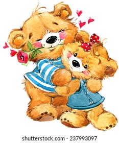 Two cute teddy bears with a rose. Watercolor illustration. Fashion design. Valentine's Day card.