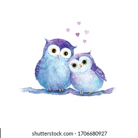 Two cute watercolor owls. Funny character