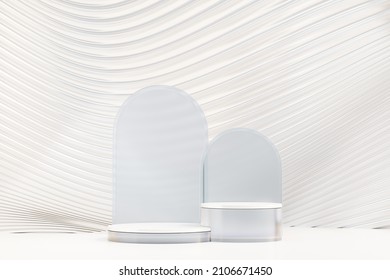 Two Cylinder Clear Glass Step Podium Light Theme White Background. 3D Illustration Rendering.