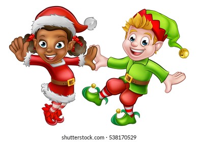 Two dancing cartoon Christmas elves Santas little helpers - Powered by Shutterstock