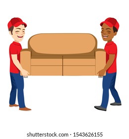 Two delivery workers holding couch working helping on real estate moving - Powered by Shutterstock