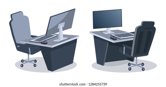Two desks with computers and comfortable office chairs isolated on white background. raster illustration with two desktops equipped with wide lcd monitors