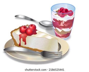 Two Desserts, Raspberry Parfait In A Glass And Cherry Cheesecake On A Plate With Spoon And Fork