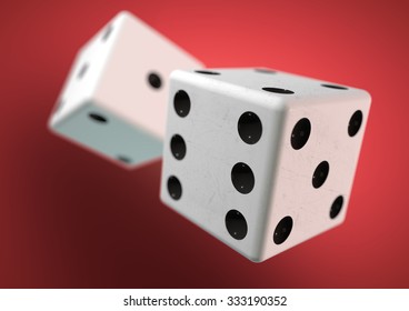 Two die (dice) captured rolling in mid air while being thrown in casino, board game or gambling. Taking a chance on a bet.