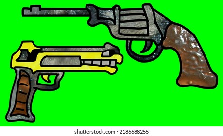 Two different pistols designs (one of them with face) other luger look  like