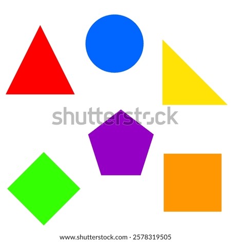 Two dimensional shapes for math. Six different colored shapes. There is a red triangle, a blue circle, a yellow triangle, a green square, a purple pentagon, and an orange square.