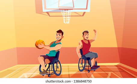 Two disabled man on wheelchairs playing basketball cartoon . Physical activity, rehabilitation for people with physical disabilities or musculoskeletal system diseases. Adaptive wheelchair sport
