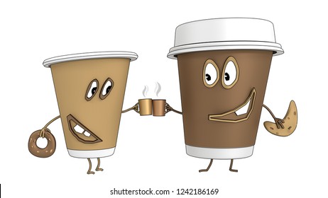 Two disposable funny coffee cups drink hot chocolate with a bagel and donut, cake. Cartoon style. 3D visualization - Powered by Shutterstock