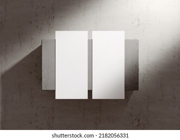 Two DL Vertical Flyer Mockup Blank Paper Resting On A Cube For Design Presentation In Flat Lay. White Empty Pamphlet Template With Shadows On The Concrete Background In 3D Illustration