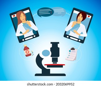 two doctors on video call, exchange medical informationonline health, online health care from device or smart cell phone, 
female doctors or health professional, chat, consultation, medical service - Powered by Shutterstock