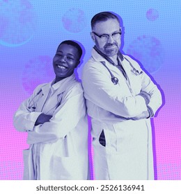 Two doctors, stand back-to-back in medical attire. The male doctor and female doctor, both smiling, represent diverse healthcare professionals. Diverse doctors at hospital with virus pandemic icons. - Powered by Shutterstock