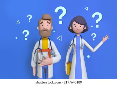 Two doctors with stethoscopes and question marks. Healthcare and medical concept,  Medical insurance. Trendy 3d illustration. - Powered by Shutterstock