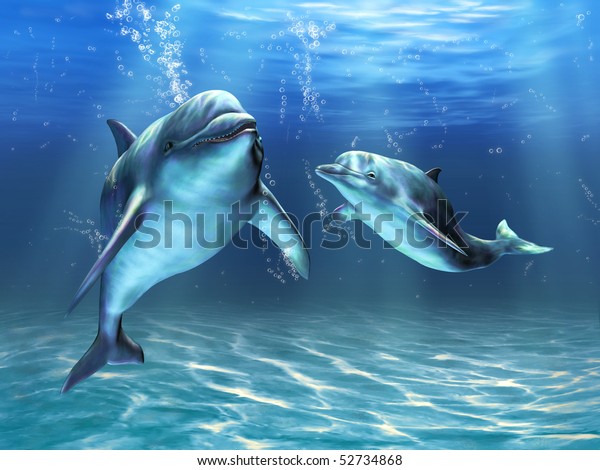 2頭のイルカが海で幸せに泳いでいる デジタルイラスト のイラスト素材