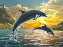 Two Dolphins Jumping Out Of Sea Over A Beautiful Sunset. Digital Painting.