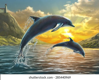 Two dolphins jumping out of sea over a beautiful sunset. Digital painting.