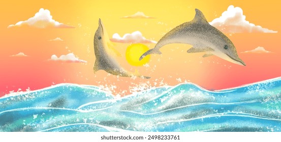 Two dolphins jumping over ocean waves at sunset