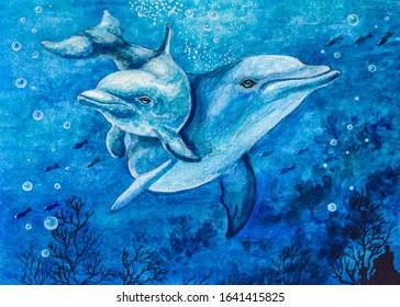 Two dolphins underwater. Blue ocean water. Watercolor painting.
