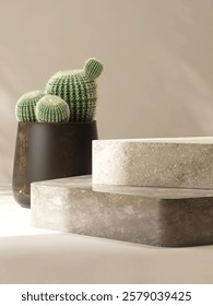 Two double layer of gray white square cube geometric stone podium table, green cactus in pot in dappled sunlight on beige brown wall for cosmetic, skincare, body care product podium background 3D