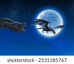 Two dragons against a bright full moon in a starry night sky, one dragon flying with wings spread, the other roaring, creating a fantastical scene