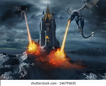 Two Dragons Attacking The Castle