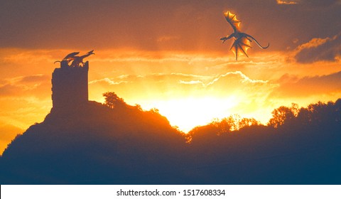 Two dragons protecting a castle in the orange sunlight - photomanipulation and 3D rendering
