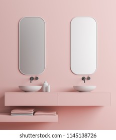 Two Elegant Bathroom Sinks Standing On A Pink Shelf. Two Vertical Mirrors Hanging Above Them. Pink Wall Bathroom Interior. Close Up. 3d Rendering